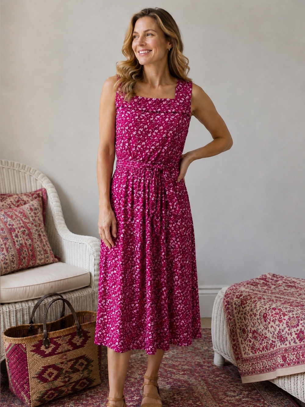 Vtg 80’s Laura Ashley Floral Midi Dress Pink Cottagecore Prairie Ditsy US 12